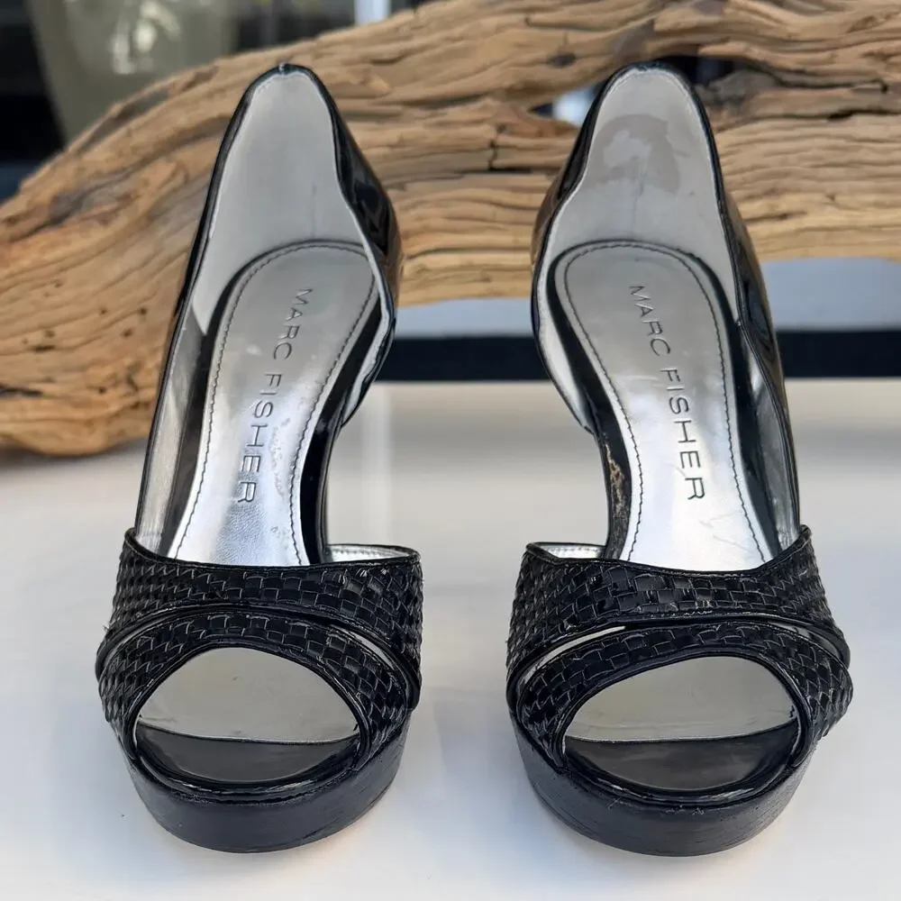 Marc Fisher Black Patent Leather Woven Platform Peep Toe Stiletto Heels Size 6